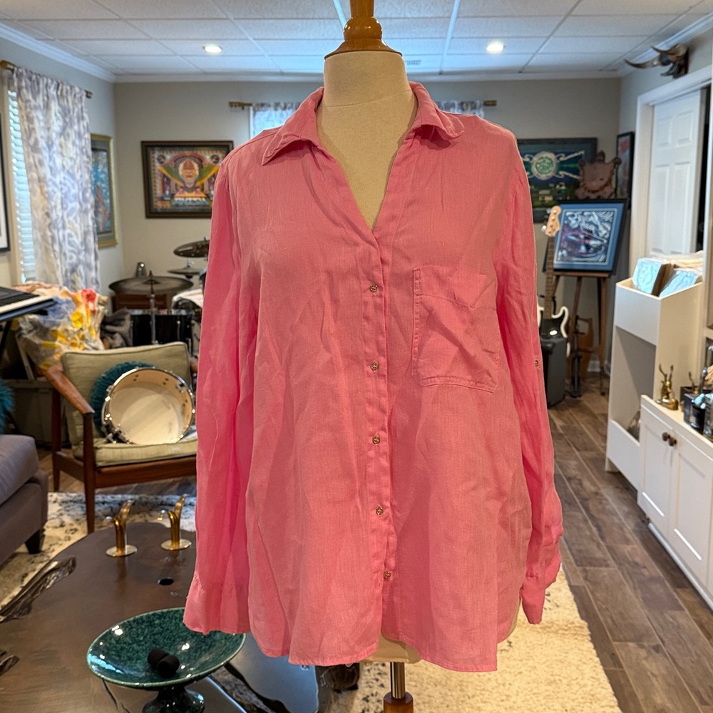 Zara Pink Oversized Linen Button-Up Blouse